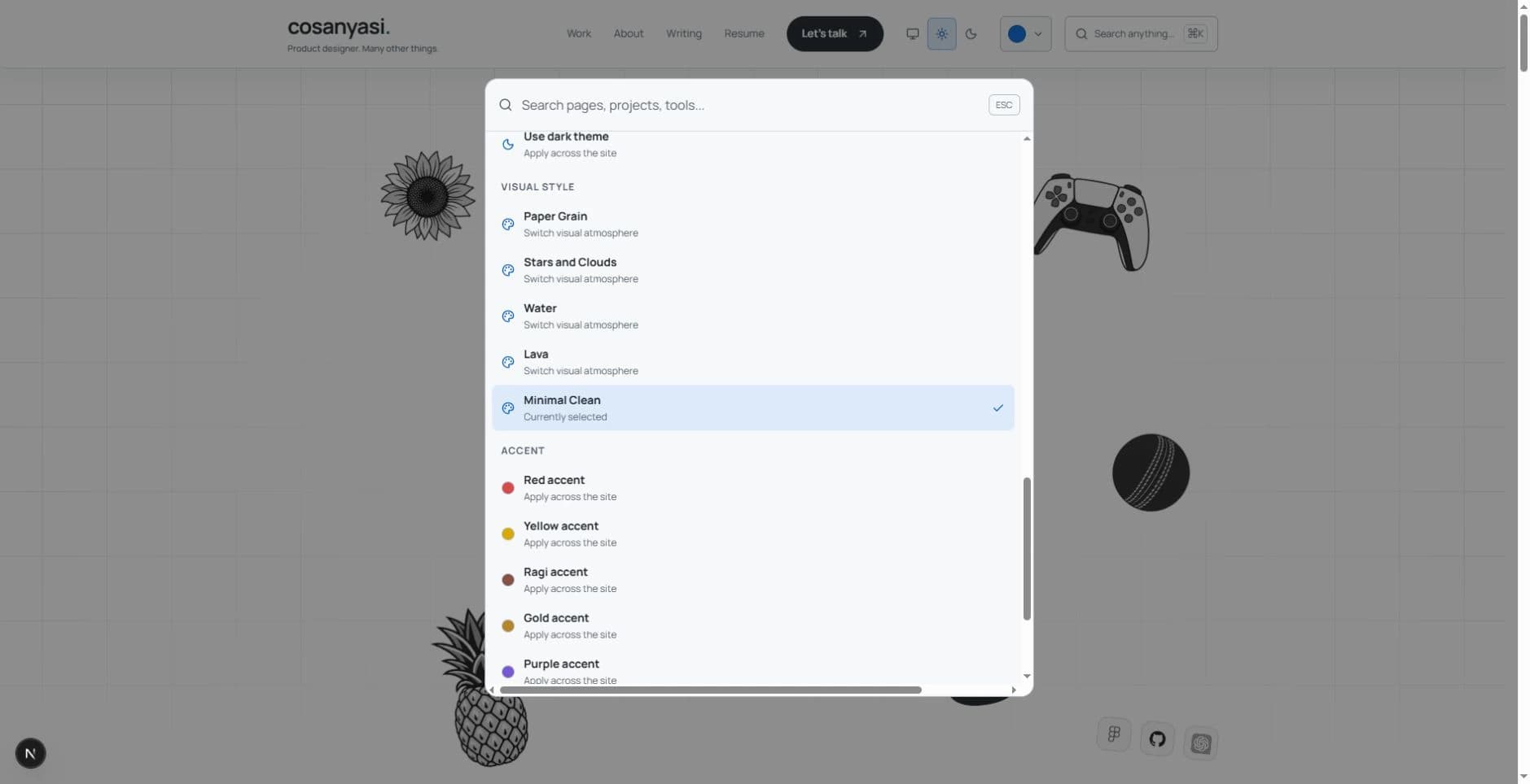 The open command menu shows five visual styles and accent commands.
