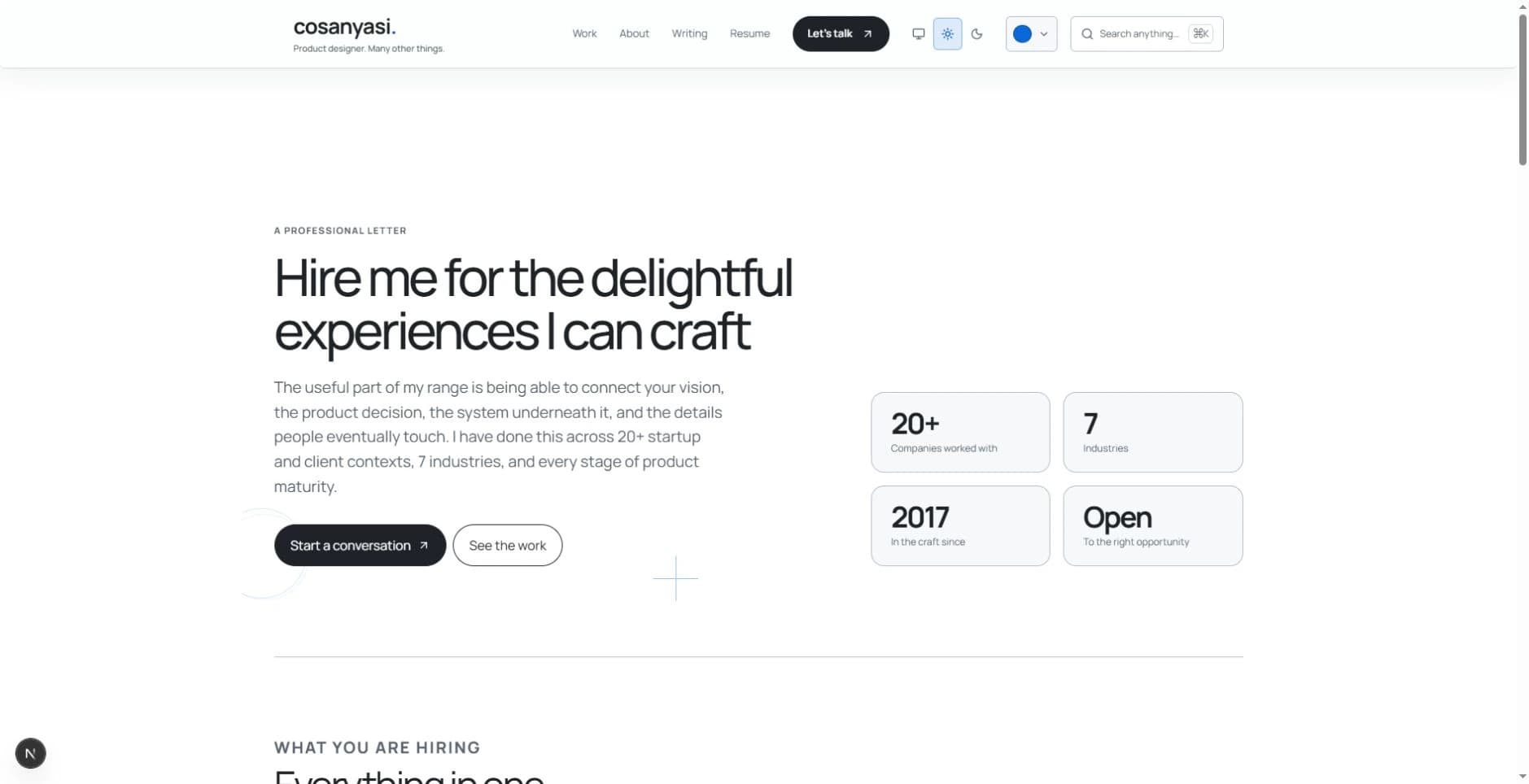 The first Why hire me page with a direct statement about crafting experiences.