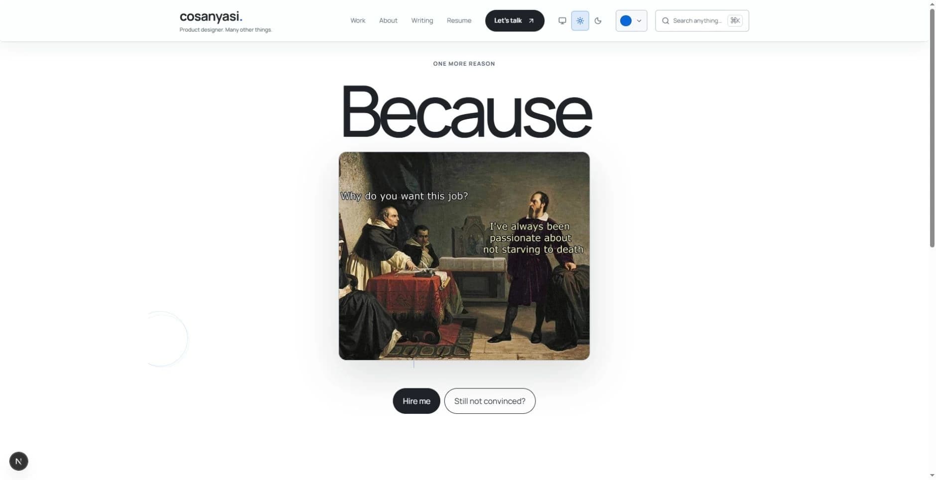 The third hiring page with the heading Because and an illustrated composition.