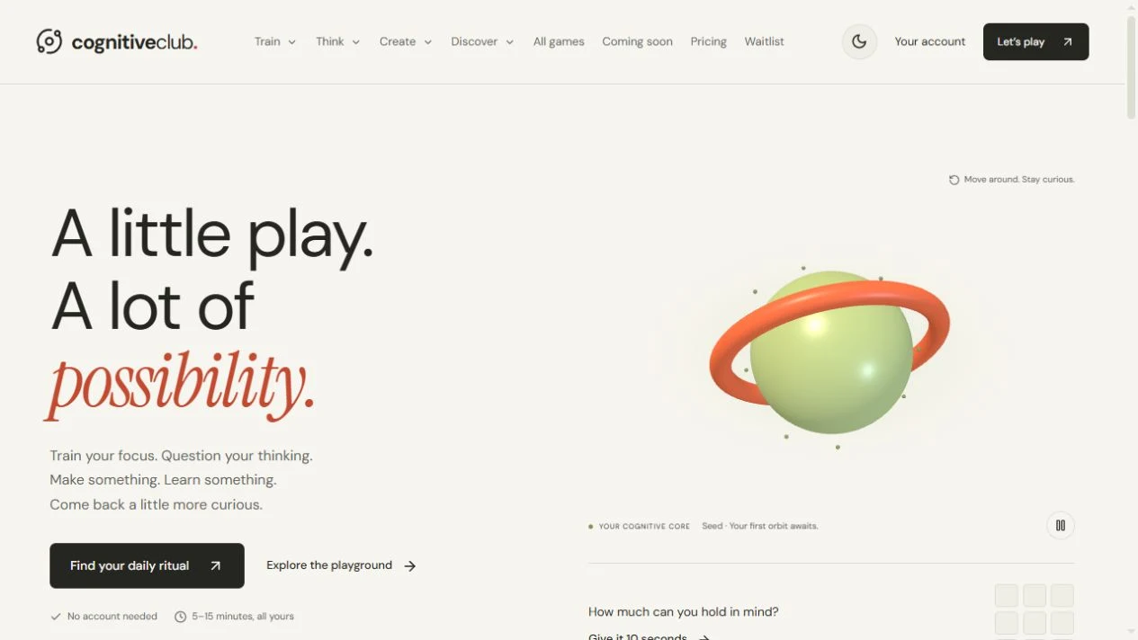 Actual Cognitive Club homepage and interactive Cognitive Core