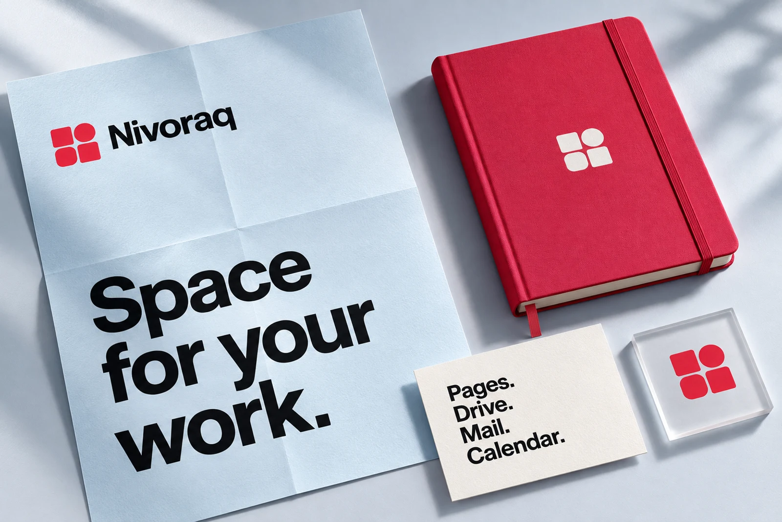 Nivoraq brand applied to poster, notebook and stationery