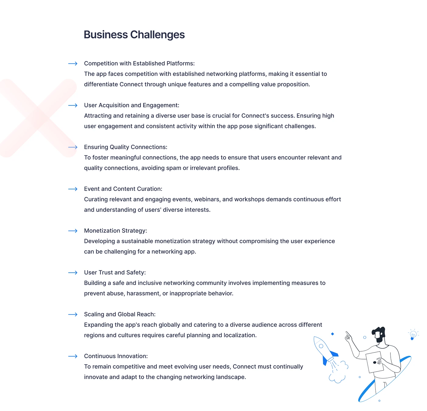 Connect case study: business challenges including competition, engagement, quality connections, and trust and safety
